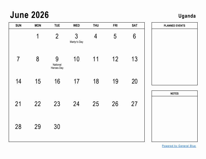 June 2026 Printable Monthly Calendar with Uganda Holidays