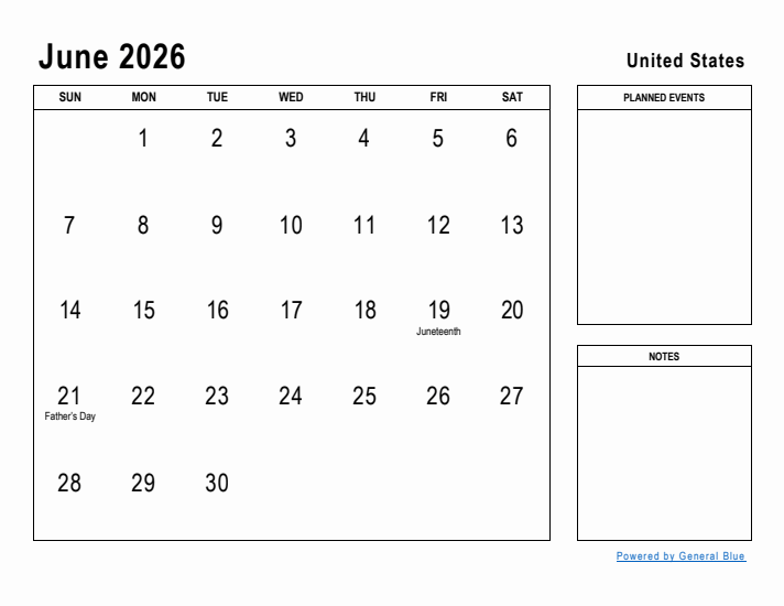 June 2026 Printable Monthly Calendar with United States Holidays