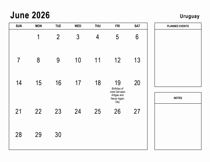 June 2026 Printable Monthly Calendar with Uruguay Holidays