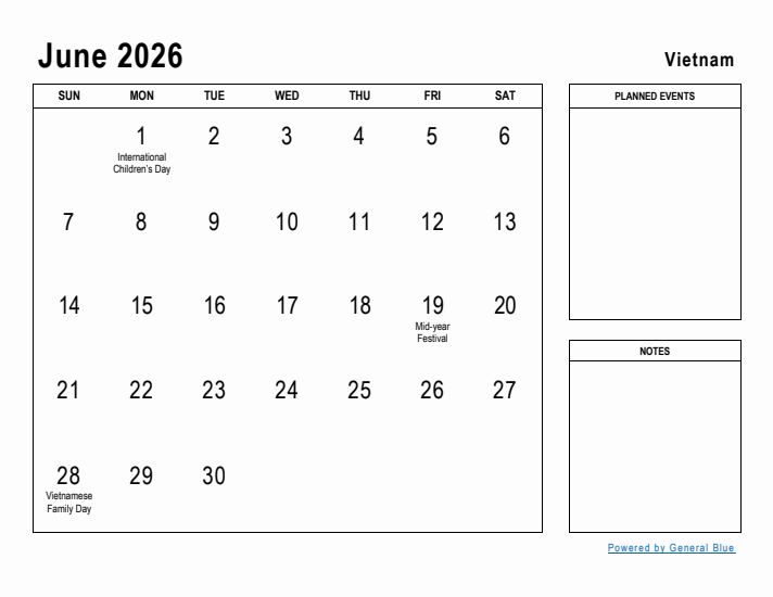 June 2026 Printable Monthly Calendar with Vietnam Holidays