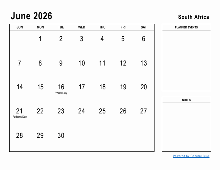 June 2026 Printable Monthly Calendar with South Africa Holidays