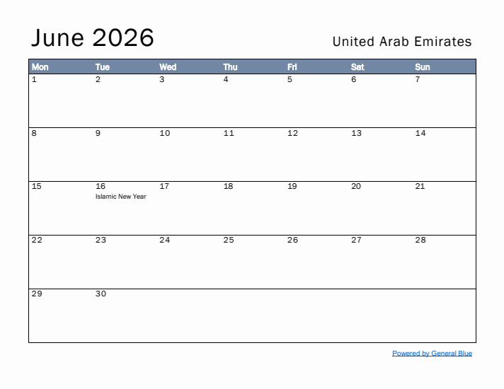 June 2026 Simple Monthly Calendar for United Arab Emirates