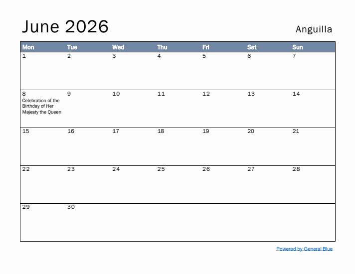 June 2026 Simple Monthly Calendar for Anguilla