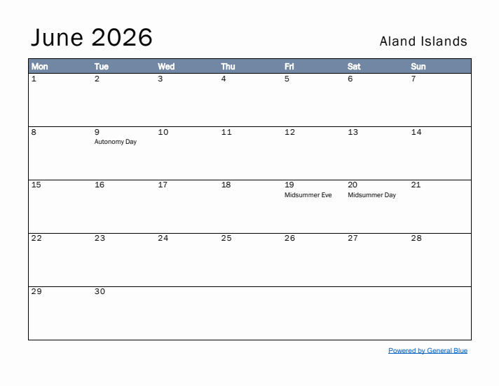 June 2026 Simple Monthly Calendar for Aland Islands