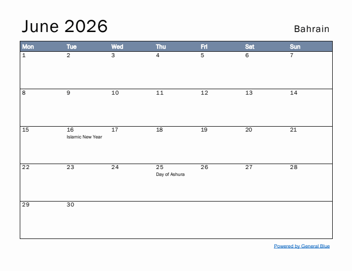 June 2026 Simple Monthly Calendar for Bahrain