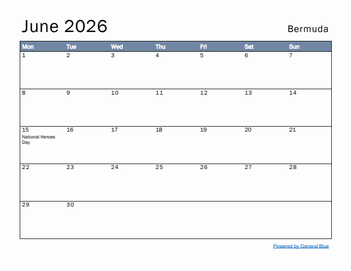 June 2026 Simple Monthly Calendar for Bermuda