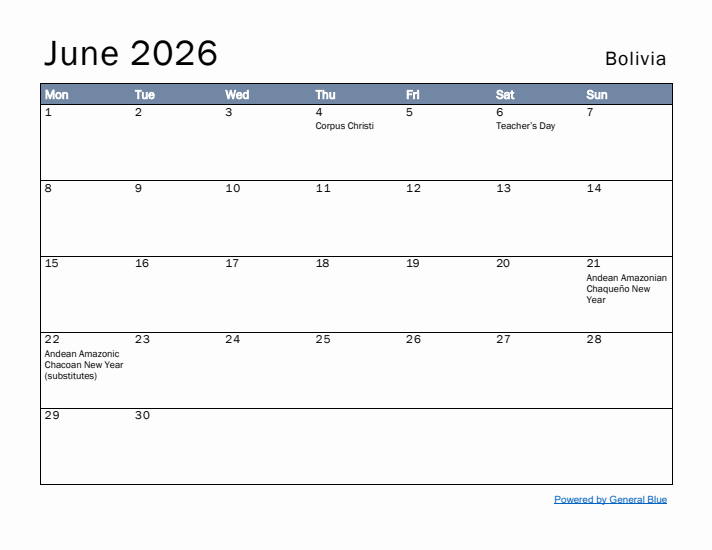 June 2026 Simple Monthly Calendar for Bolivia