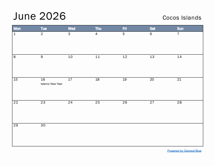 June 2026 Simple Monthly Calendar for Cocos Islands