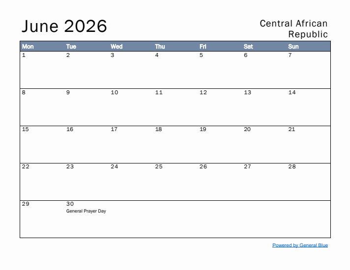 June 2026 Simple Monthly Calendar for Central African Republic