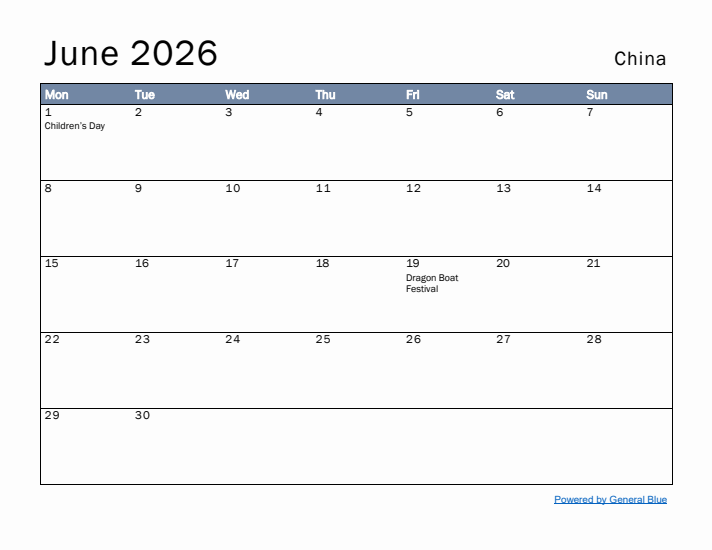 June 2026 Simple Monthly Calendar for China