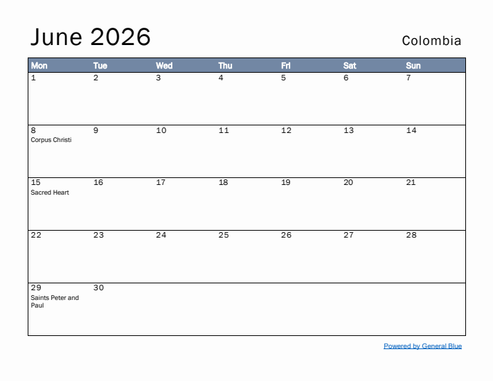 June 2026 Simple Monthly Calendar for Colombia