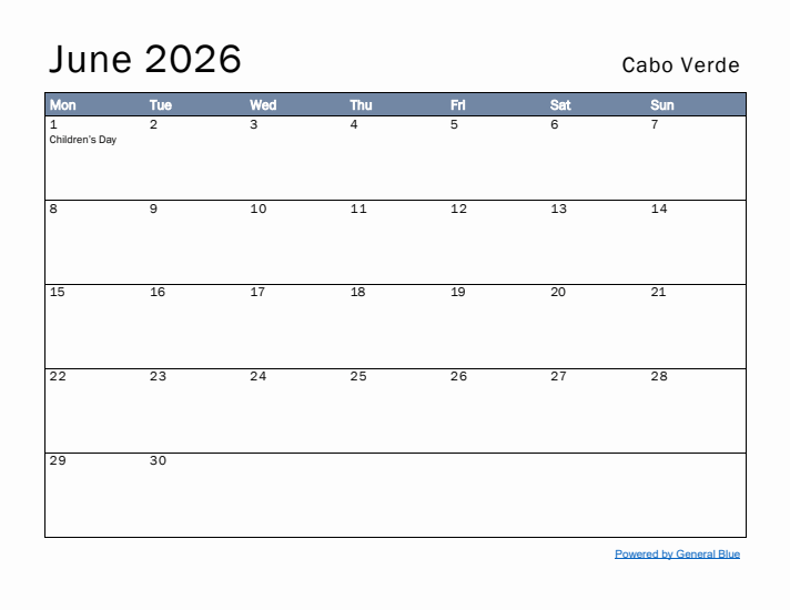 June 2026 Simple Monthly Calendar for Cabo Verde