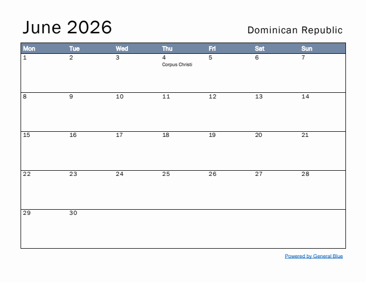 June 2026 Simple Monthly Calendar for Dominican Republic