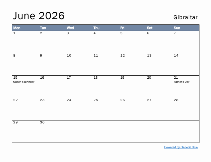 June 2026 Simple Monthly Calendar for Gibraltar