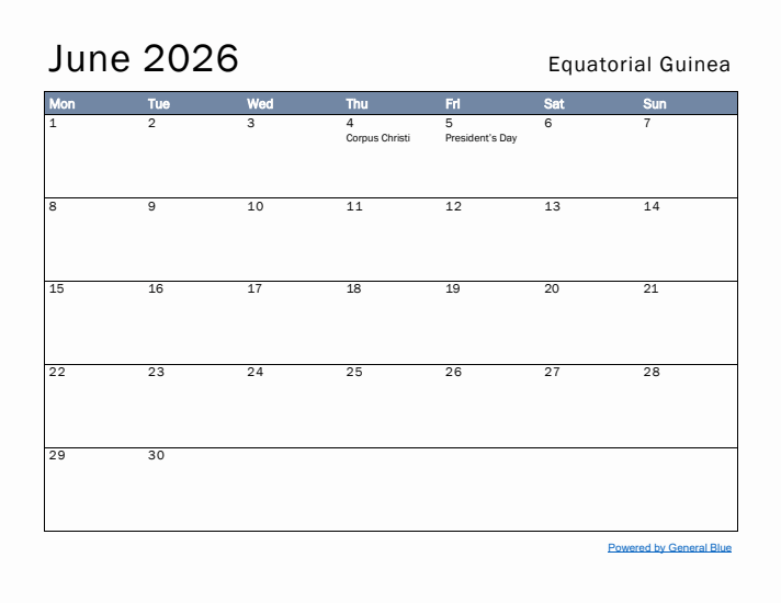 June 2026 Simple Monthly Calendar for Equatorial Guinea