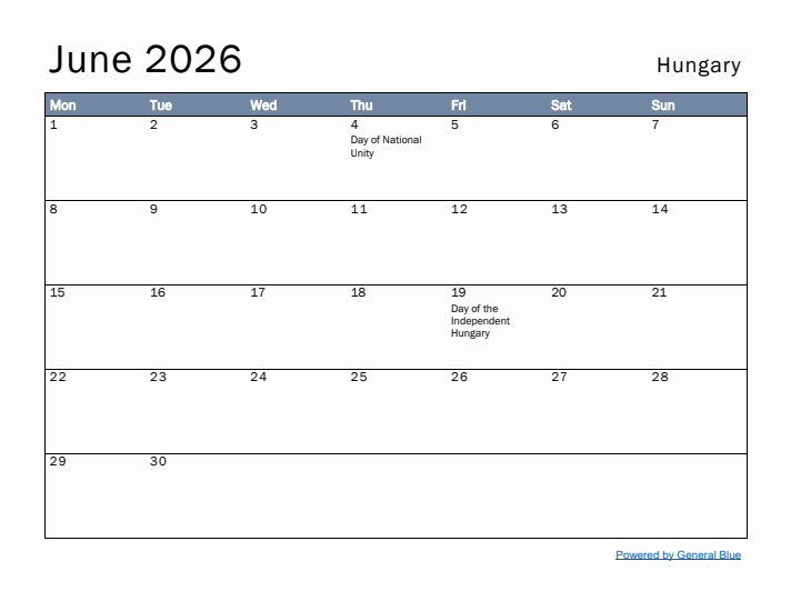 June 2026 Simple Monthly Calendar for Hungary