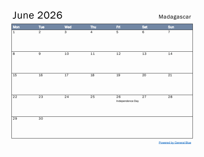 June 2026 Simple Monthly Calendar for Madagascar