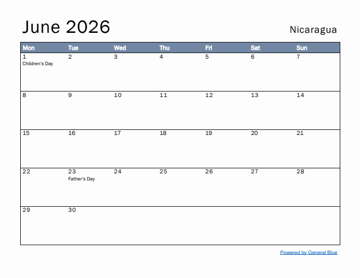 June 2026 Simple Monthly Calendar for Nicaragua