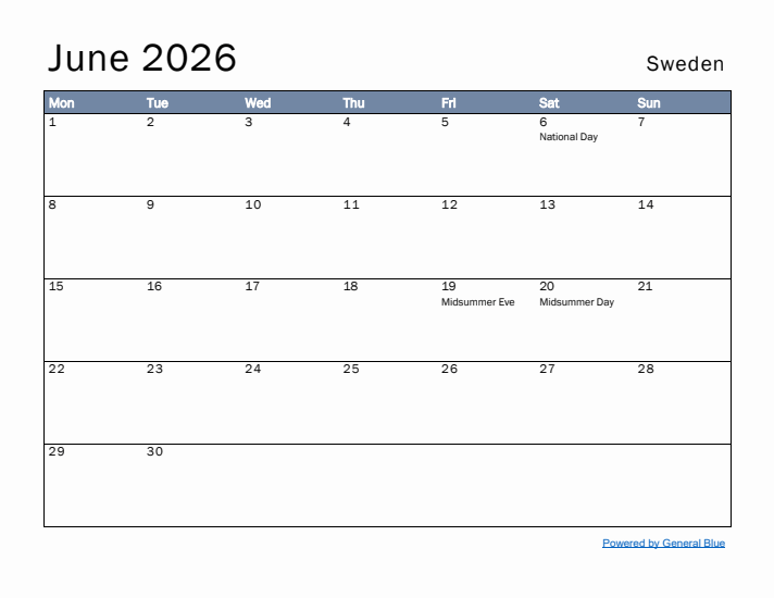 June 2026 Simple Monthly Calendar for Sweden