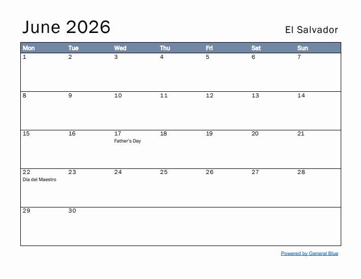 June 2026 Simple Monthly Calendar for El Salvador