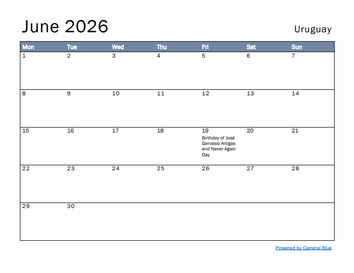 June 2026 Simple Monthly Calendar for Uruguay