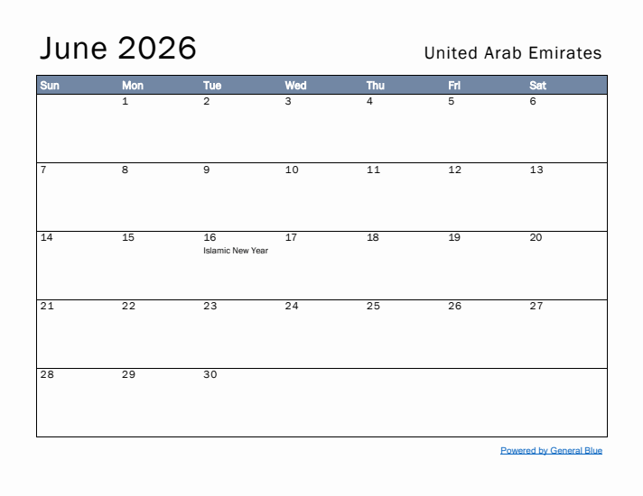 June 2026 Simple Monthly Calendar for United Arab Emirates