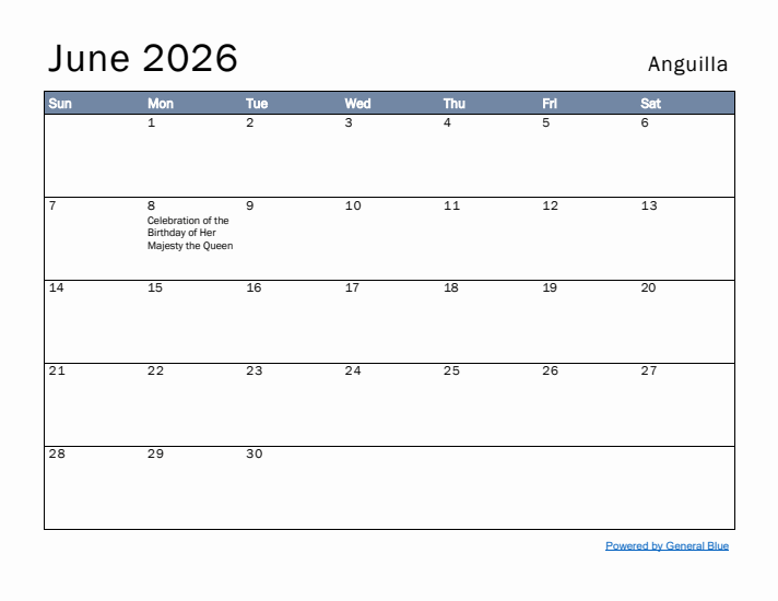 June 2026 Simple Monthly Calendar for Anguilla