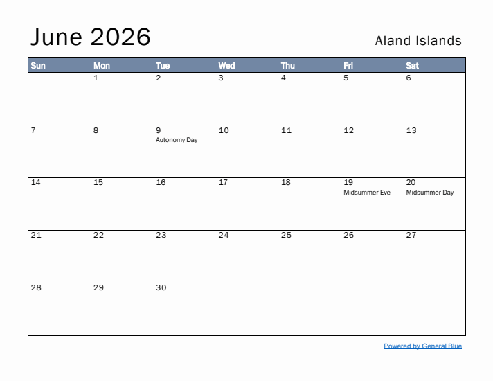 June 2026 Simple Monthly Calendar for Aland Islands