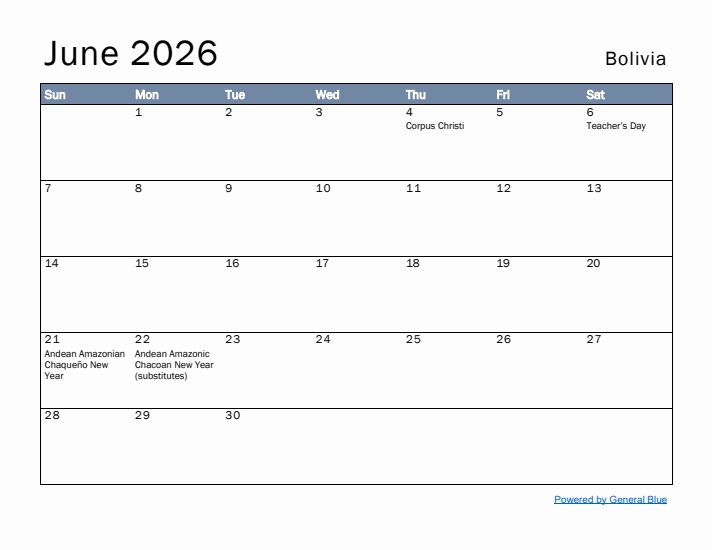 June 2026 Simple Monthly Calendar for Bolivia