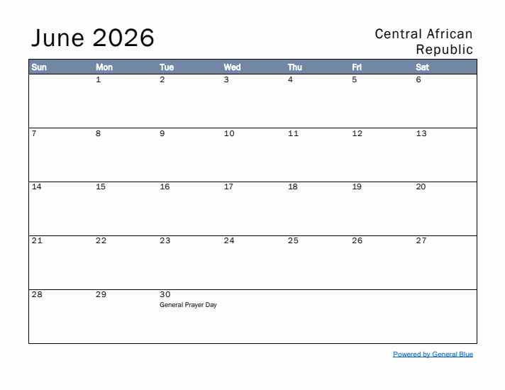 June 2026 Simple Monthly Calendar for Central African Republic