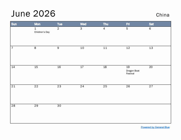 June 2026 Simple Monthly Calendar for China