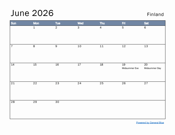 June 2026 Simple Monthly Calendar for Finland