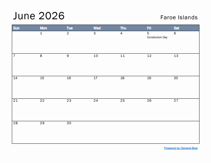 June 2026 Simple Monthly Calendar for Faroe Islands