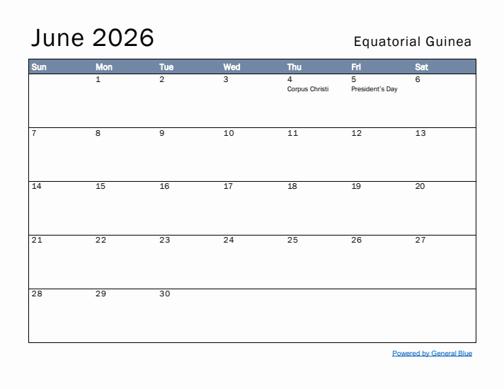 June 2026 Simple Monthly Calendar for Equatorial Guinea