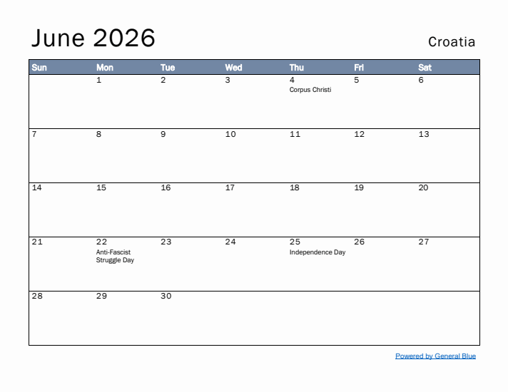 June 2026 Simple Monthly Calendar for Croatia