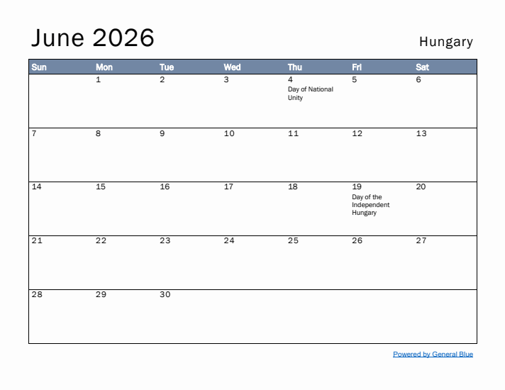 June 2026 Simple Monthly Calendar for Hungary