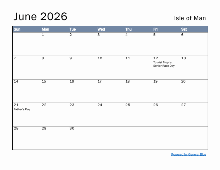 June 2026 Simple Monthly Calendar for Isle of Man