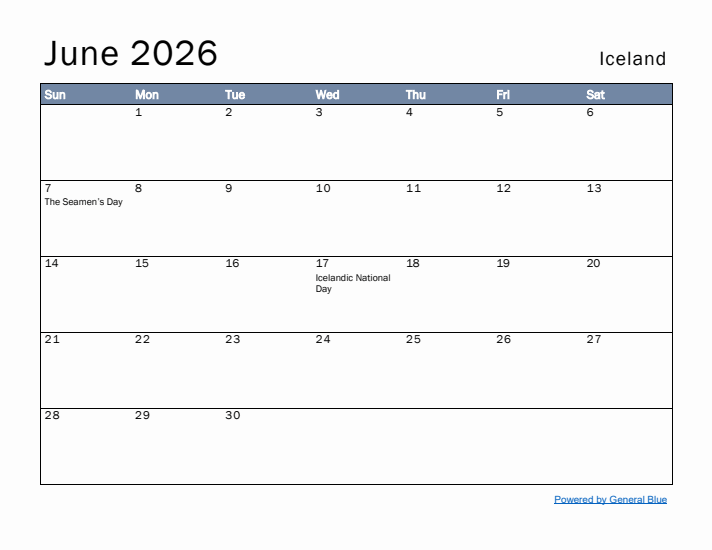 June 2026 Simple Monthly Calendar for Iceland