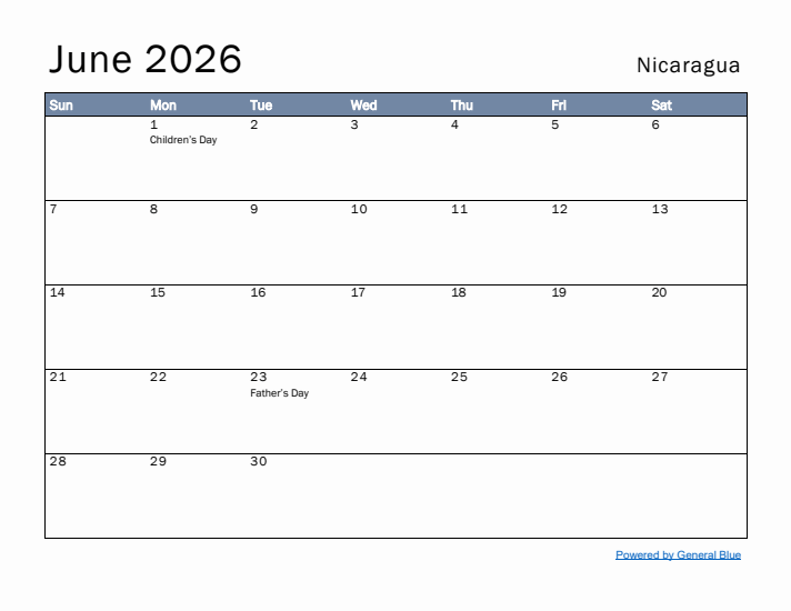 June 2026 Simple Monthly Calendar for Nicaragua