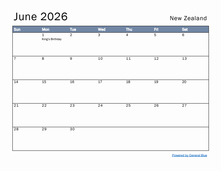 June 2026 Simple Monthly Calendar for New Zealand