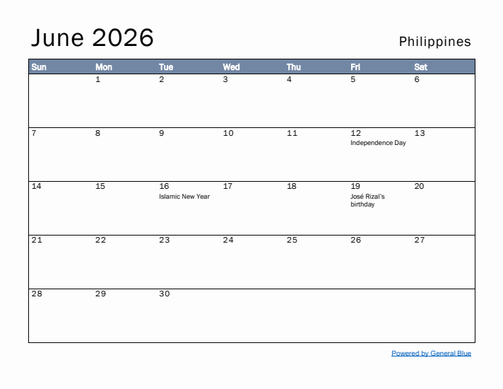 June 2026 Simple Monthly Calendar for Philippines