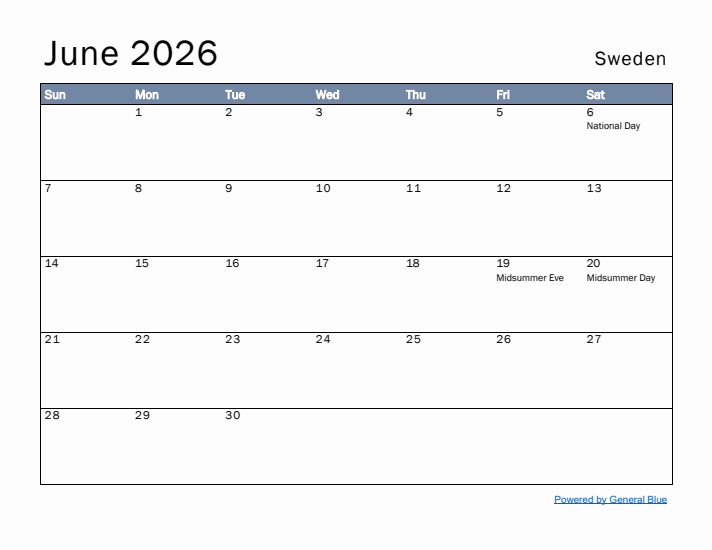 June 2026 Simple Monthly Calendar for Sweden