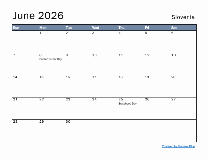 June 2026 Simple Monthly Calendar for Slovenia