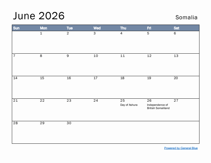 June 2026 Simple Monthly Calendar for Somalia