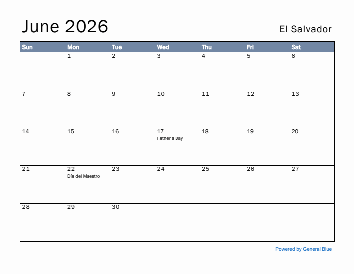 June 2026 Simple Monthly Calendar for El Salvador