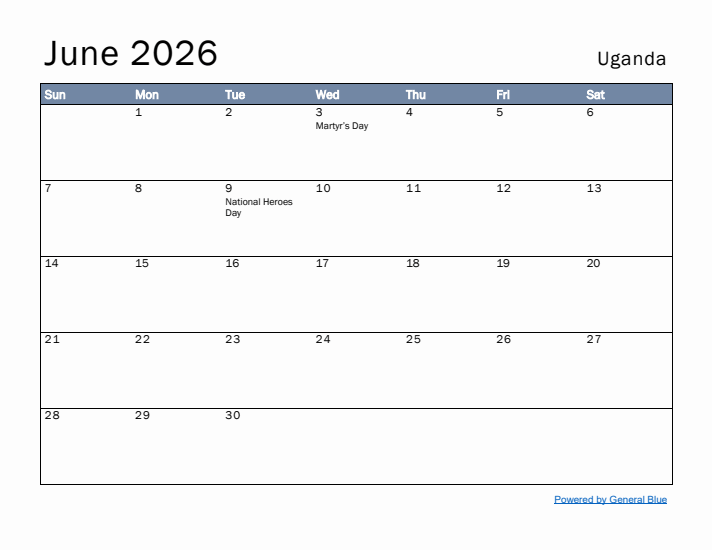 June 2026 Simple Monthly Calendar for Uganda