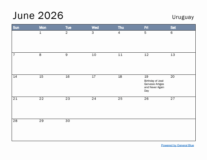 June 2026 Simple Monthly Calendar for Uruguay