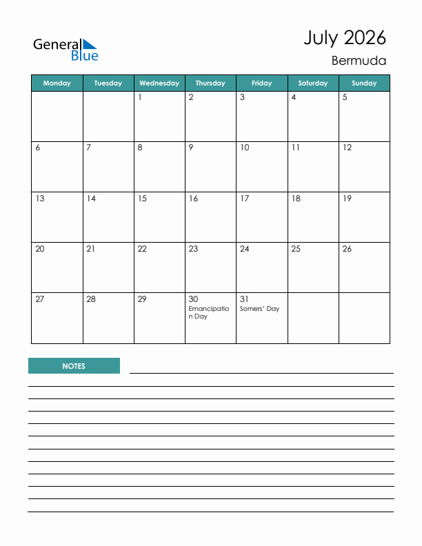 Calendar with Notes Printable - Monday Start