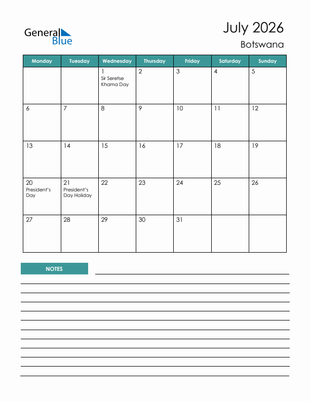 Calendar with Notes Printable - Monday Start