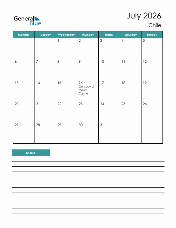 Calendar with Notes Printable - Monday Start